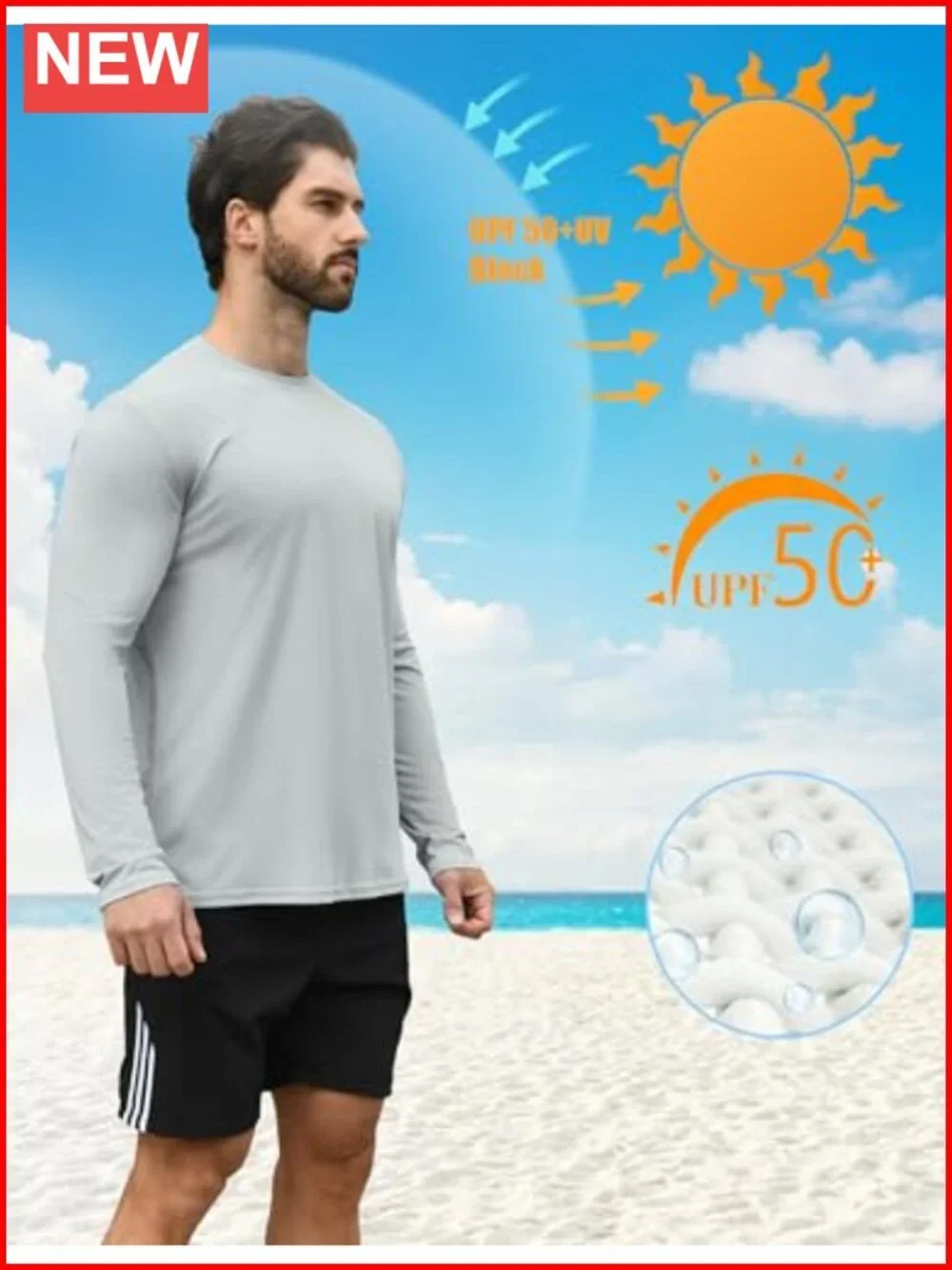 UPF 50+ Men's Rash Guard Long Sleeve Lightweight Quick-Dry Swim Shirt with